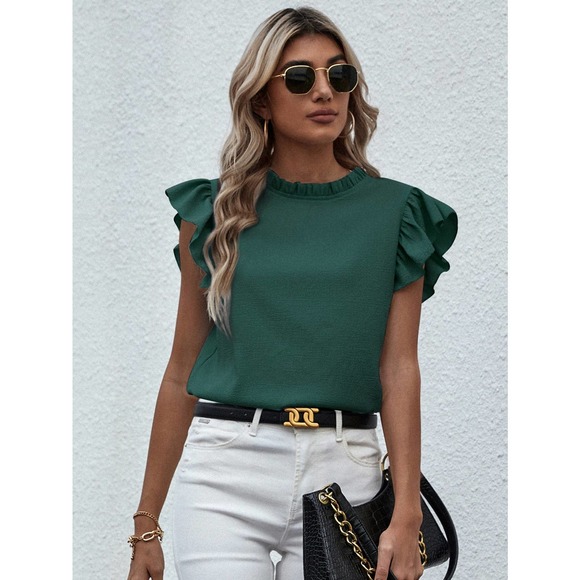 🌟 Mock Neck Lettuce Trim Ruffle short sleeve Blouse black - Picture 4 of 11